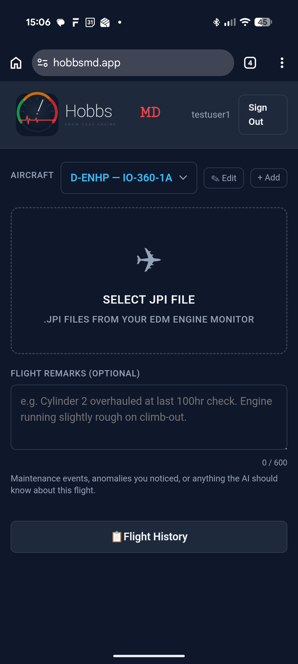 Upload screen — select JPI file